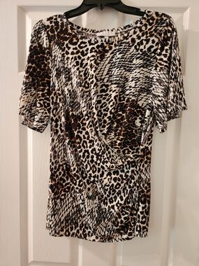 Chaus Animal Print Short Sleeve Blouse in Black, White & Brown